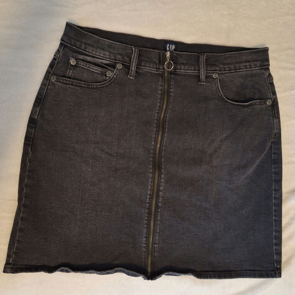 GAP Denim Mini Skirt Womens 14 32 Black Wash Full Zip Front O-Ring Pull Jean